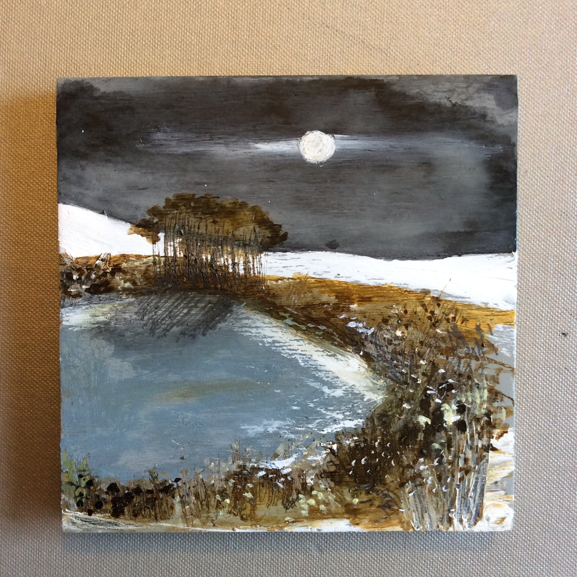 Mixed Media Art on wood By Louise O'Hara - "Reflections of a Wolf Moon”